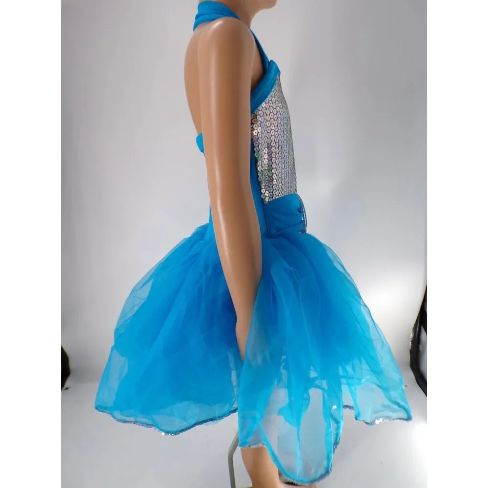 Pre-Owned Dance Costume Weissman 4427 Medium Child Turquoise Tutu Jazz Sequin
